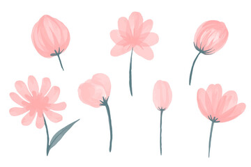 Vector Collection of pink watercolor hand drawn wild flowers.
