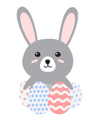 Vector hand drawn flat Easter bunny with eggs isolated on white background