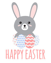 Vector hand drawn flat Easter rabbit with eggs and happy Easter text isolated on white background