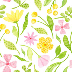 Watercolor floral seamless pattern. Hand painted spring flowers background isolated on white. Cute botanical motifs for textile, printing. Summer meadow repeated design
