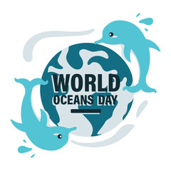 World Oceans Day underwater save marine life earth blue dolphin poster vector design picture image