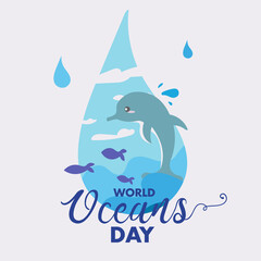 World Oceans Day 8 June underwater marine sea dolphin fish poster vector design background