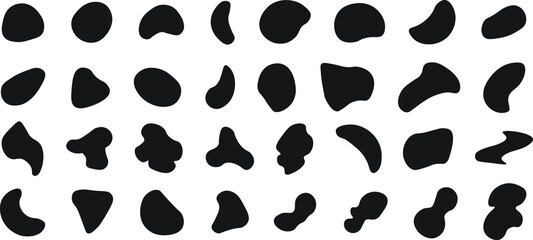Black abstract shapes, organic blobs and blotch of irregular shape. simple liquid splodge elements. Random shapes set. Organic abstract black blobs of irregular shape.