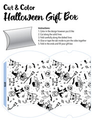 A fun and easy Halloween activity. Color, fold and cut the template to make a lovely holiday gift box that can be filled with treats and goodies. Vector graphics.