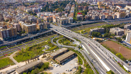 Aerial view of the exit of the Rome ring road at Via Nomentana, Italy.