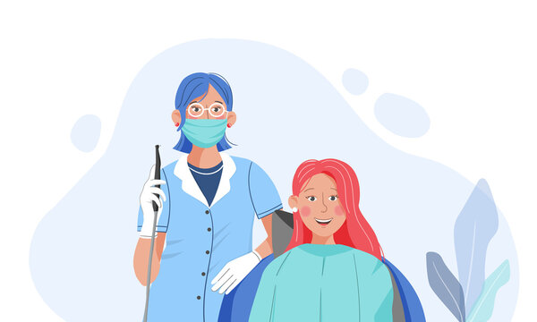 Vector illustration of a dentist and a woman. Dental clinic.  Dental theme. Dental chair. A female doctor and a woman in a chair. Professional topic. Picture for social networks and posters.
