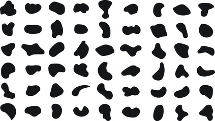 Blob shape. Abstract irregular shapes. Random organic shapes. Amorphous pebble, drop and splodge. Black simple asymmetric stain. Smooth uneven stone. Random blotches and abstract liquid shapes. 