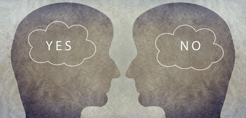 Head silhouettes with speech bubbles, words yes and no, communication between people, business and...