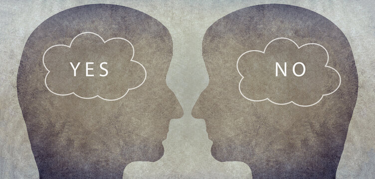 Head silhouettes with speech bubbles, words yes and no, communication between people, business and education concept, minimalism, asking questions, looking for an answer - Powered by Adobe