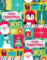 Cheerful and bright Christmas vector pattern featuring holiday characters and graphics. Seamless vector patterns are great for backgrounds and surface designs.