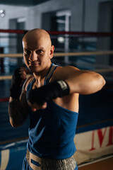 Naklejka na ściany i meble Vertical shot of bald aggressive boxer male wearing bandages punching air to camera in sport club with dark interior, on background of ring. Professional fighter fighting shadow looking at camera.