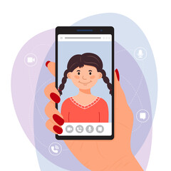 Video call concept. Online video conference, online meeting concept, banner. A woman's hand is holding a phone with a girl on the screen. Vector illustration in flat style.
