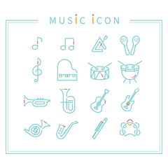 3色の線画アイコン　音楽や楽器