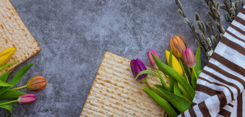 Fototapeta na wymiar Blessings Pesach Jewish traditional holiday on Passover celebration of flowers and matzah bread the ceremony ritual