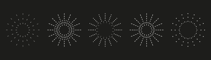 
Sunburst set. Vintage sunrise collection.  Vector light rays elements on black background. Vector Illustration 