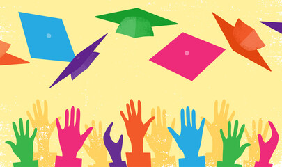 A crowd of graduates throwing caps in the air, in a grunge style with bright colors
