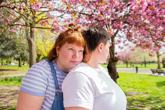 Portrait of a lesbian couple in the park.