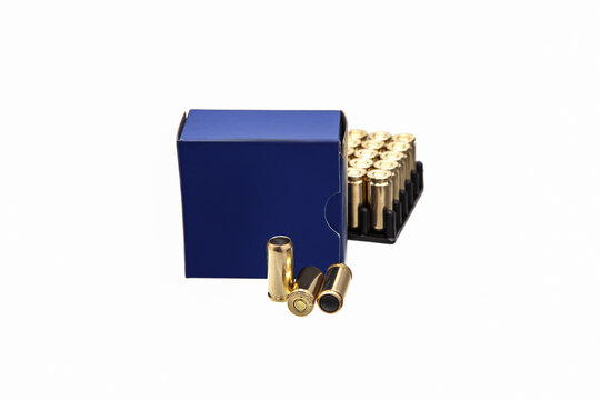 Box of cartridges for a traumatic gun isolate on a white back. Cartridges with rubber bullets for a traumatic gun.