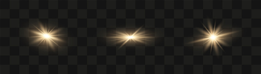 Set of glowing light stars with sparkles. Transparent shining sun, star explodes and bright flash. Golden bright illustration starburst.