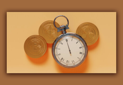 Render of Realistic Golden Crypto Coins Bitcoin Ether and Litecoin with Pocket Watch
