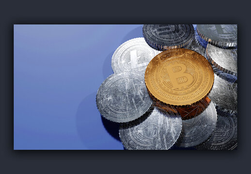 Render of Realistic Golden Bitcoin and Silver Crypto Coins