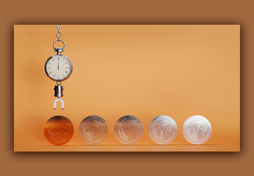 Render of Realistic Golden Crypto Coins Bitcoin Ether and Litecoin Etc with Pocket Watch and Magnet