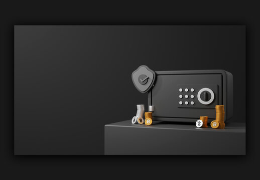Render of a Locker and Virtual Golden Crypto Coins Bitcoin Ether and Dollar