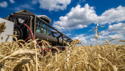 Combine Harvester Working on a Field. Seasonal Harvesting the Wheat, Soy. Agriculture. Farm. Crop. Agrarian business. Industry 