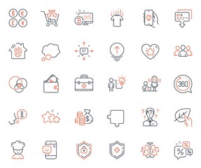 Business icons set. Included icon as Stars, Sms and Cooking chef web elements. Wallet, Medical shield, Smile icons. Chandelier, Talk bubble, Money currency web signs. Support consultant. Vector