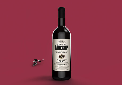 Wine Bottle Mockup on Red Tone Background