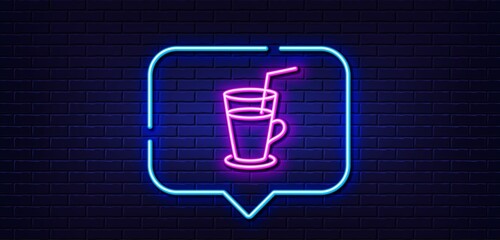 Neon light speech bubble. Coffee or Cocktail line icon. Fresh drink sign. Beverage symbol. Neon light background. Cocktail glow line. Brick wall banner. Vector