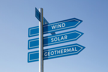 Renewable energy concept. Solar, geothermal, wind words on signpost isolated on blue sky