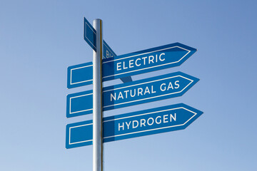 Vehicle alternative energy concept. Electric, natural gas, hydrogen words on signpost isolated on...