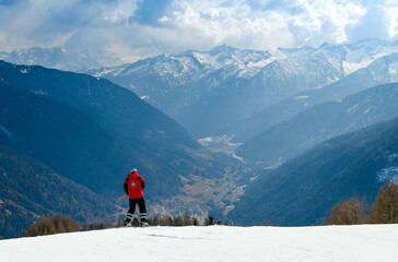 Skiing at Pejo Ski Resort in Val di Sole valley. Winter vacation in Italy, Europe.