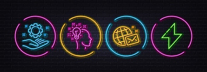 Idea, World mail and Employee hand minimal line icons. Neon laser 3d lights. Energy icons. For web, application, printing. Creative designer, Chat, Work gear. Thunderbolt. Neon lights buttons. Vector