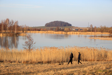 Para młodych ludzi z psem na spacerze brzegiem jeziora.	
