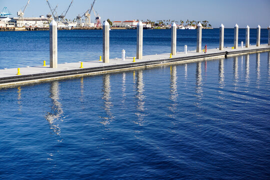Modern floating dock with mooring cleats, bollards, other amenities, a new facility for boaters traveling the scenic Port of Los Angeles.