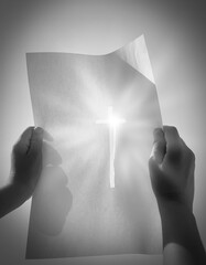 Easter Day Concept Background Black and White with Kid Holding Religious Sign Paper. Easter Day...