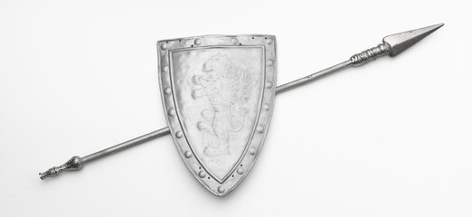 medieval spear and shield isolated on white background