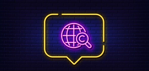 Neon light speech bubble. International Ð¡opyright line icon. Copywriting sign. World symbol. Neon light background. International Ð¡opyright glow line. Brick wall banner. Vector