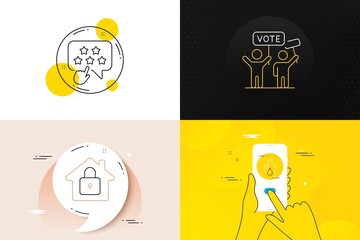 Minimal set of Ranking star, Lock and Voting campaign line icons. Phone screen, Quote banners. Flammable fuel icons. For web development. Click rank, House protection, People rally. Fire oil. Vector