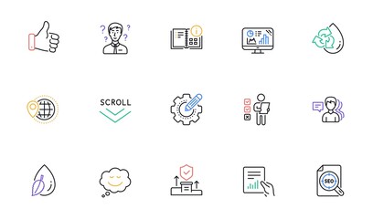 Speech bubble, Document and Support consultant line icons for website, printing. Collection of Analytics graph, World travel, Seo file icons. Recycle water, Security agency. Vector