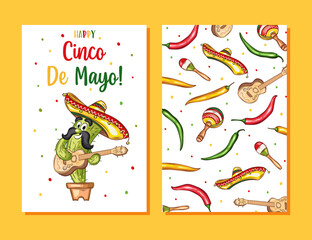 Cinco de mayo poster. Mexican party, mexico latin fiesta decorative invitation. Spanish chili, skulls flowers festival vector cards design