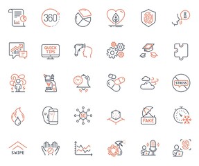Science icons set. Included icon as Microscope, Fake news and Puzzle web elements. 5g technology, Time management, Throw hats icons. Freezing timer, Swipe up, Fingerprint web signs. Vector