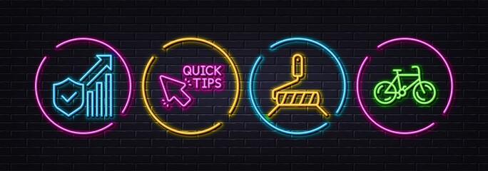 Naklejka premium Paint roller, Quick tips and Security statistics minimal line icons. Neon laser 3d lights. Bicycle icons. For web, application, printing. Painter brush, Helpful tricks, Cyber protection. Bike. Vector