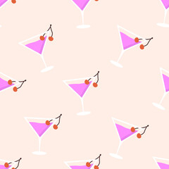 Tiny sweet cherry cocktail. Berry alcoholic drink on pink background. Cute small scaled summer cocktail. Hand drawn trendy summer tropic party vector seamless pattern.
