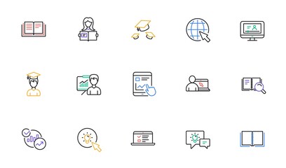 Education line icons. Book, Video tutorial and Instructions. Presentation linear icon set. Bicolor outline web elements. Vector