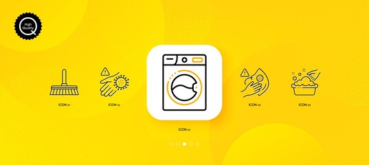 Fototapeta na wymiar Wash hand, Cleaning mop and Washing machine minimal line icons. Yellow abstract background. Dirty mask, Hand washing icons. For web, application, printing. Vector