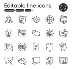 Set of Education outline icons. Contains icons as Puzzle, Mail newsletter and Search employee elements. Globe, Work home, Mindfulness stress web signs. Talk bubble, Meeting. Vector