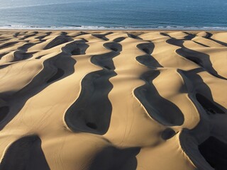 Aerial drone landscape of Maspalomas golden sand dunes at sunrise, Gran Canaria, Canary Islands, Spain